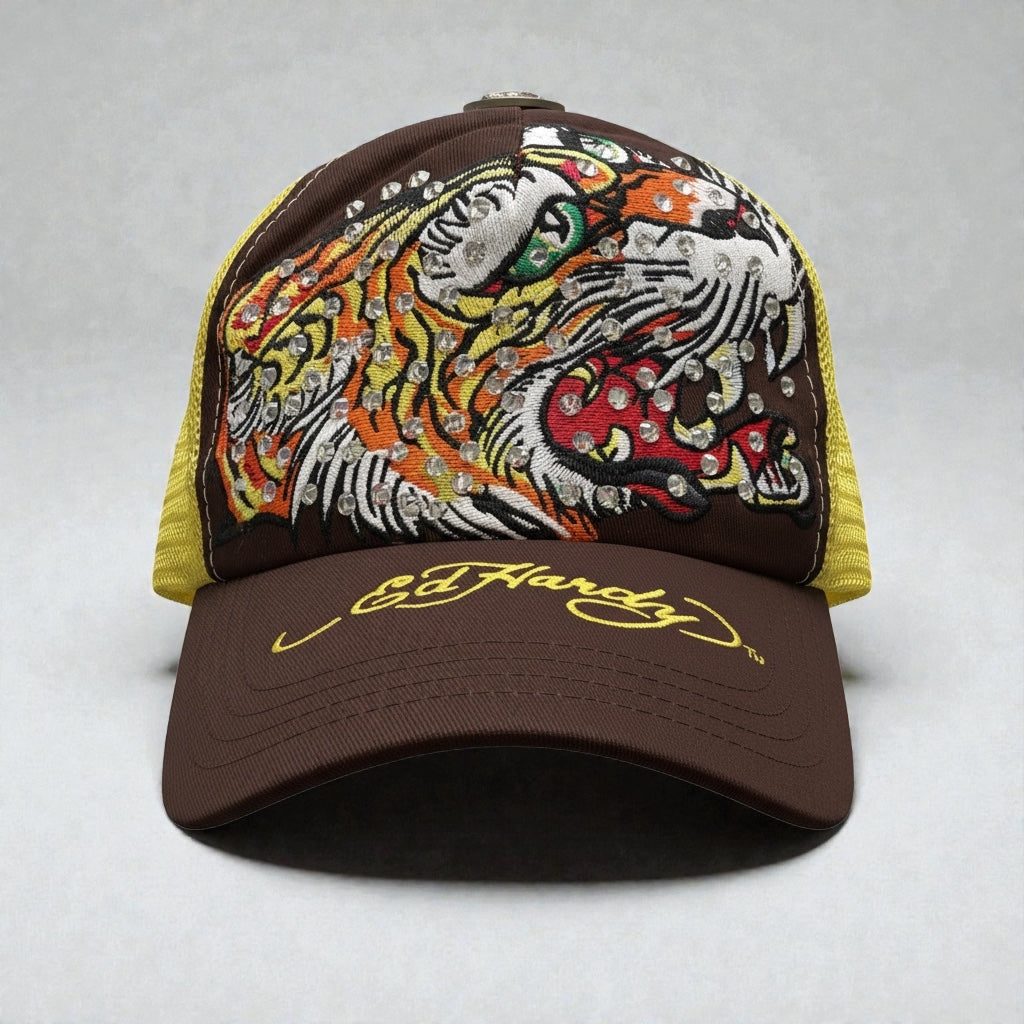 Vintage Ed Hardy Tiger Rhinestone Trucker Hat - Christian Audigier Era