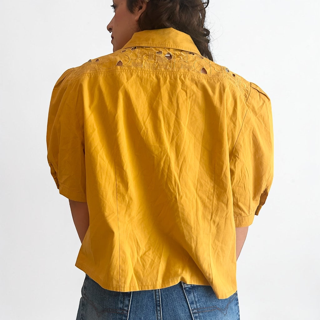 Vintage Mustard Puff-Sleeve Blouse