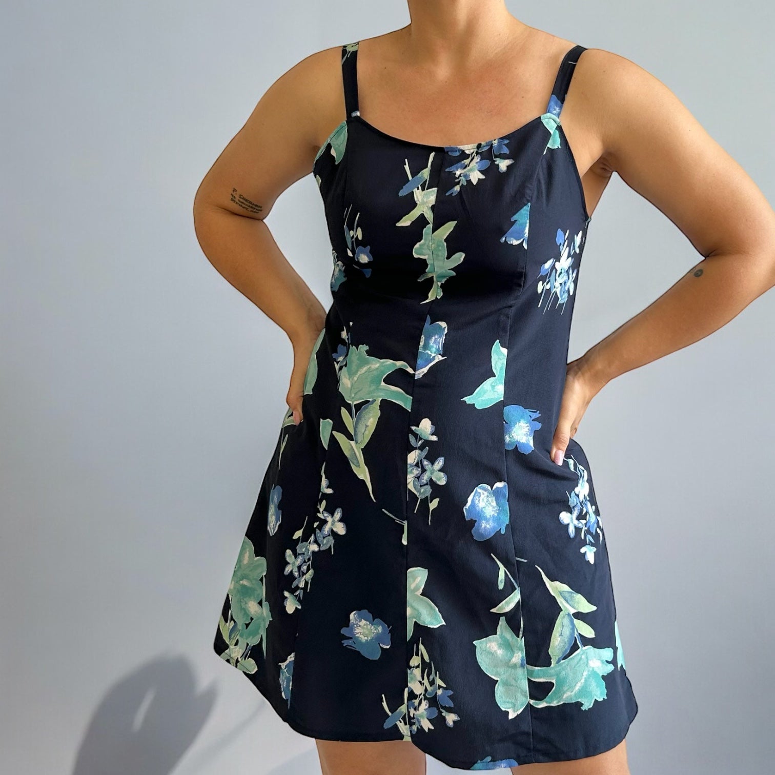Vintage Handmade Dark Blue Floral Mini Dress