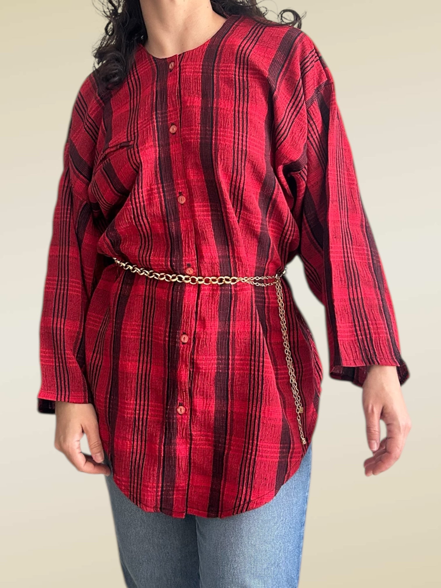 Vintage Red & Black Plaid Band Collar Blouse