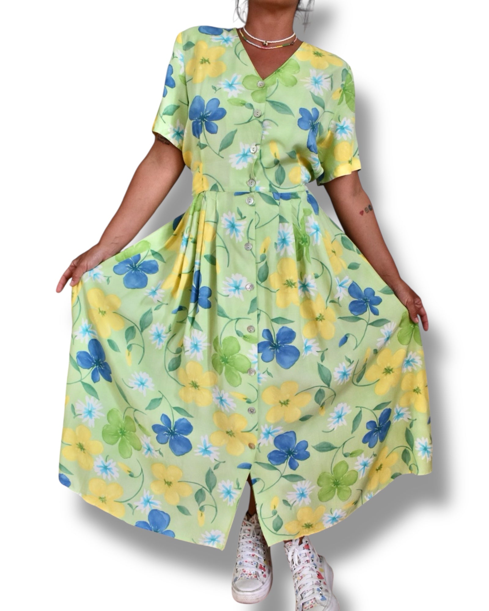 Vintage Pleated Long Dress – Light Green with Floral Print, Shoulder Pads