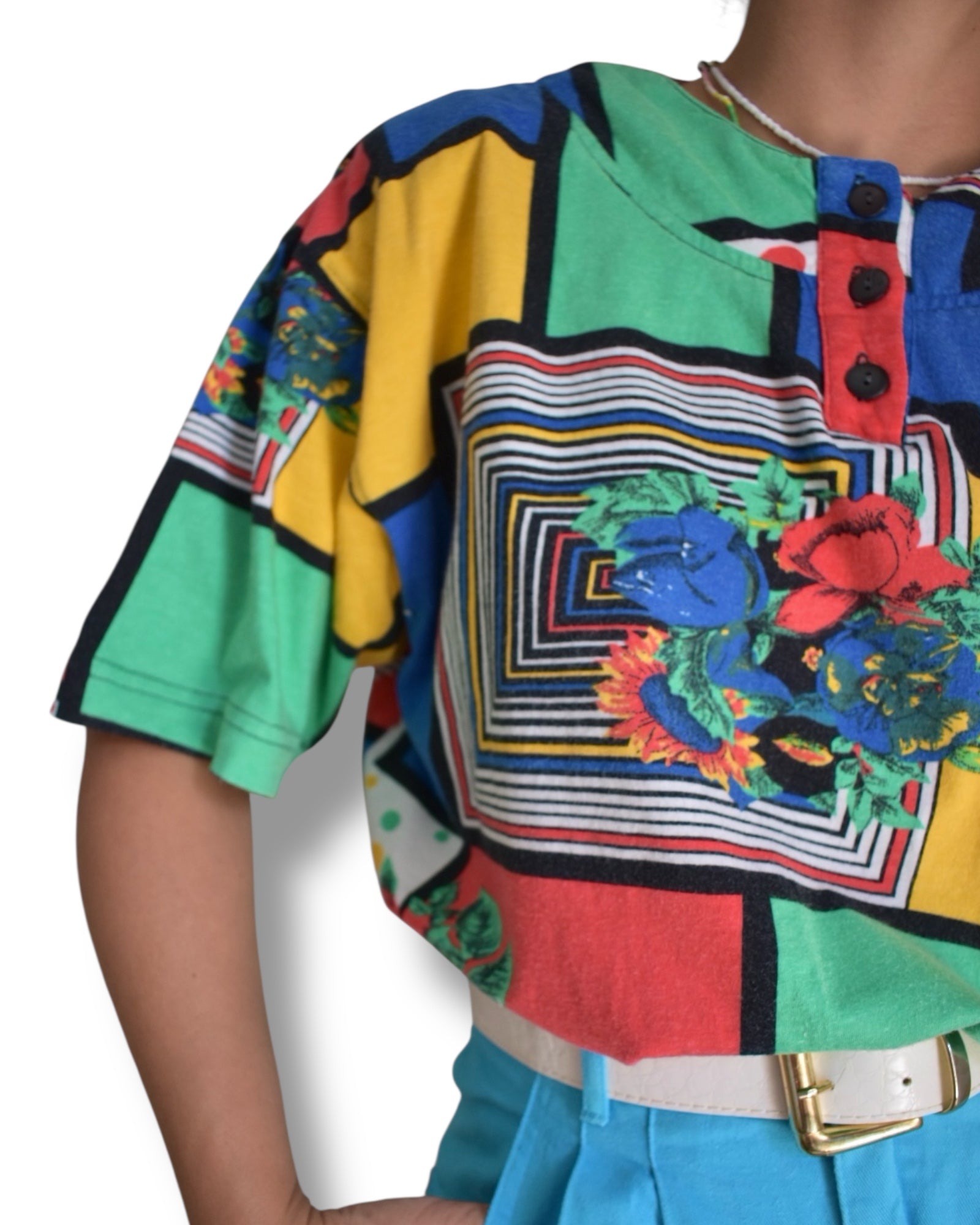 Vintage T-Shirt – Color Block & Pattern Mix with Shoulder Pads