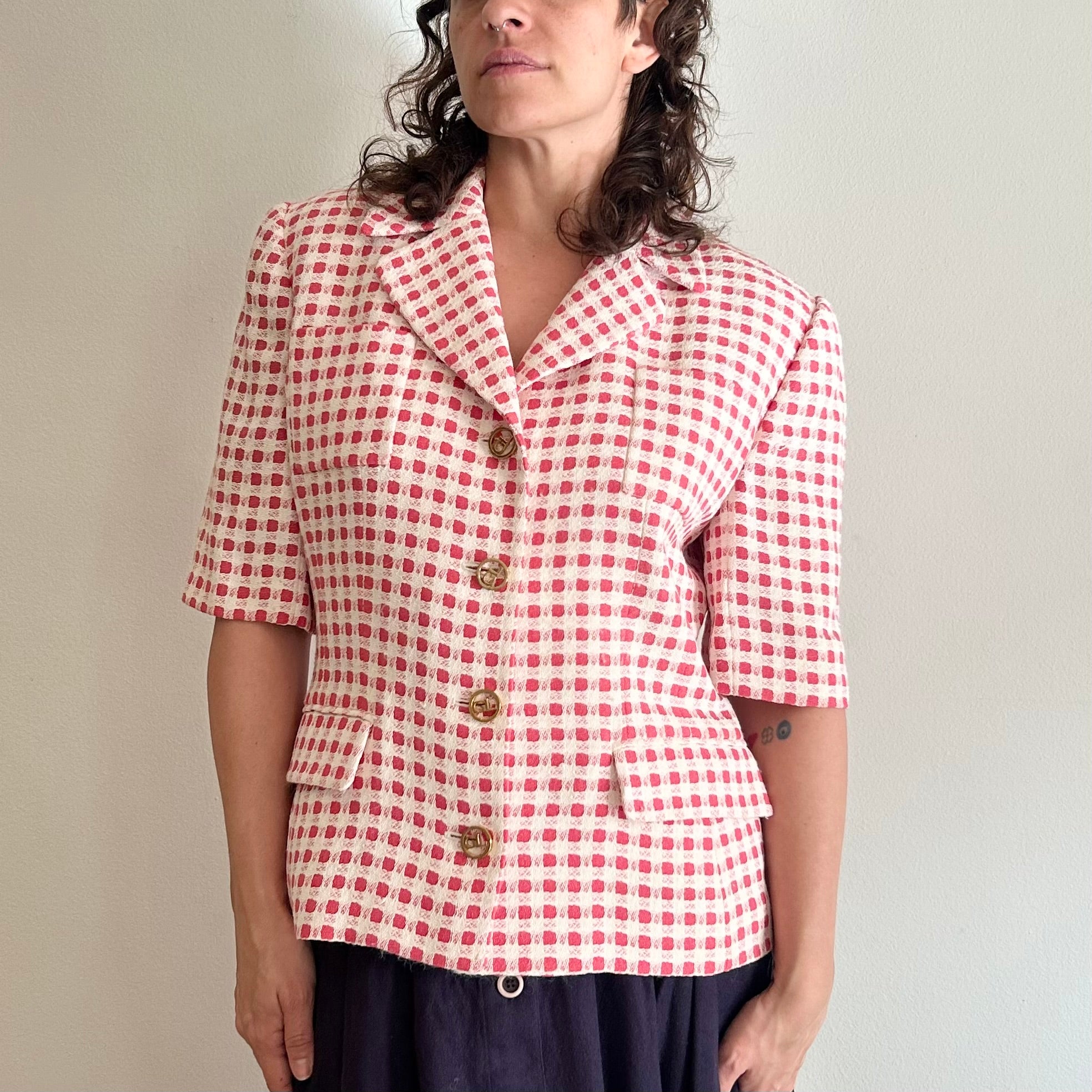 Guy Laroche Paris – Vintage Textured Gingham Short-Sleeve Blazer