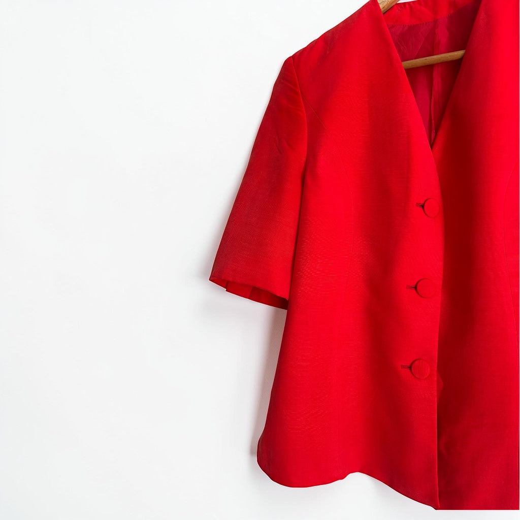 Vintage Structured Red Blazer • Short Sleeve • Vibrant Scarlet