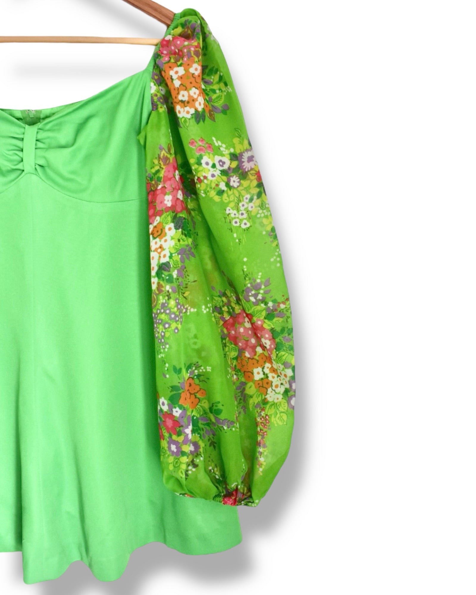 Vintage 1970s Green Mini Dress with Puffy Floral Sleeves