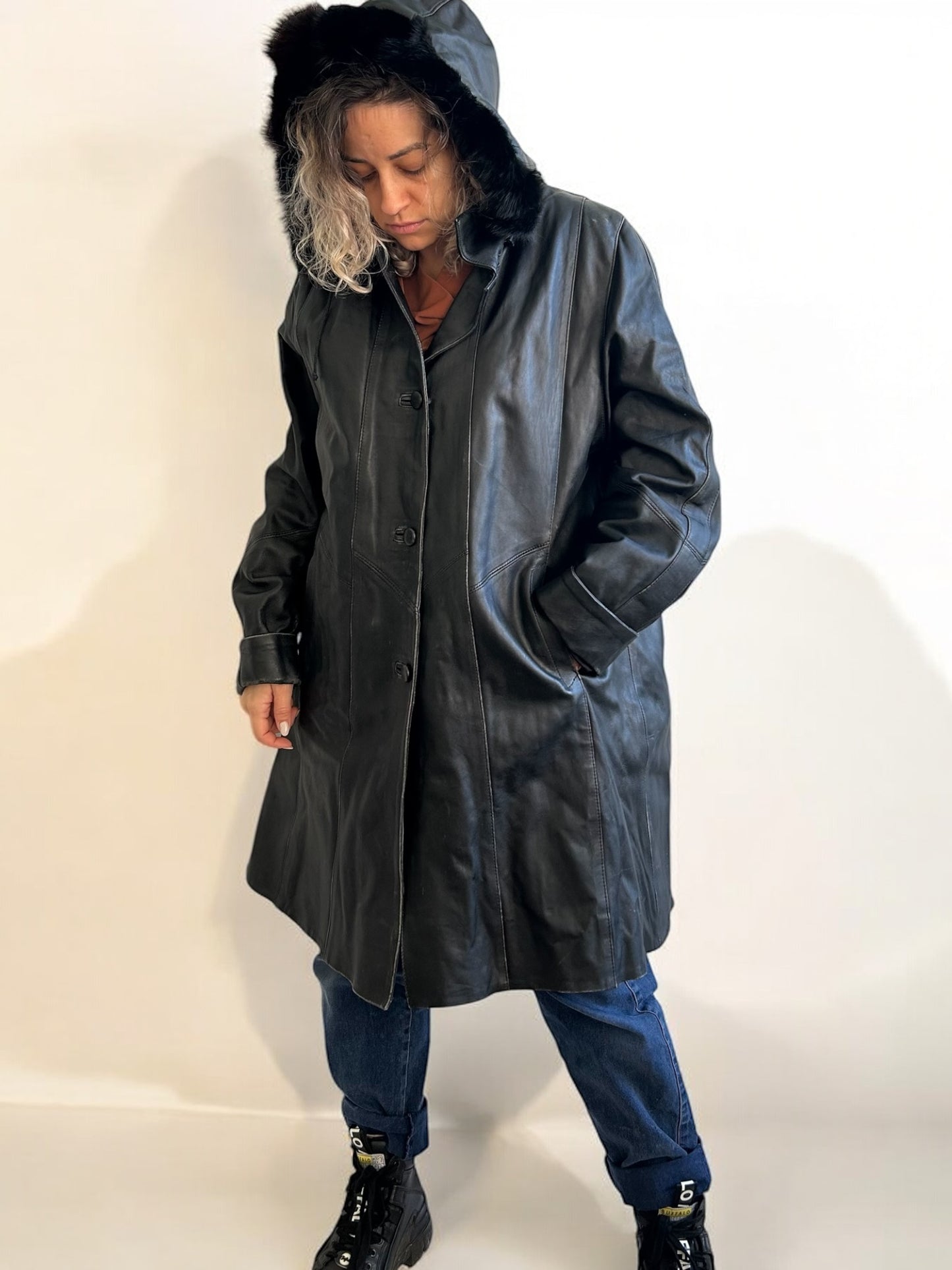 Vintage Leather Hooded Coat (Removable Hood and Warmer)