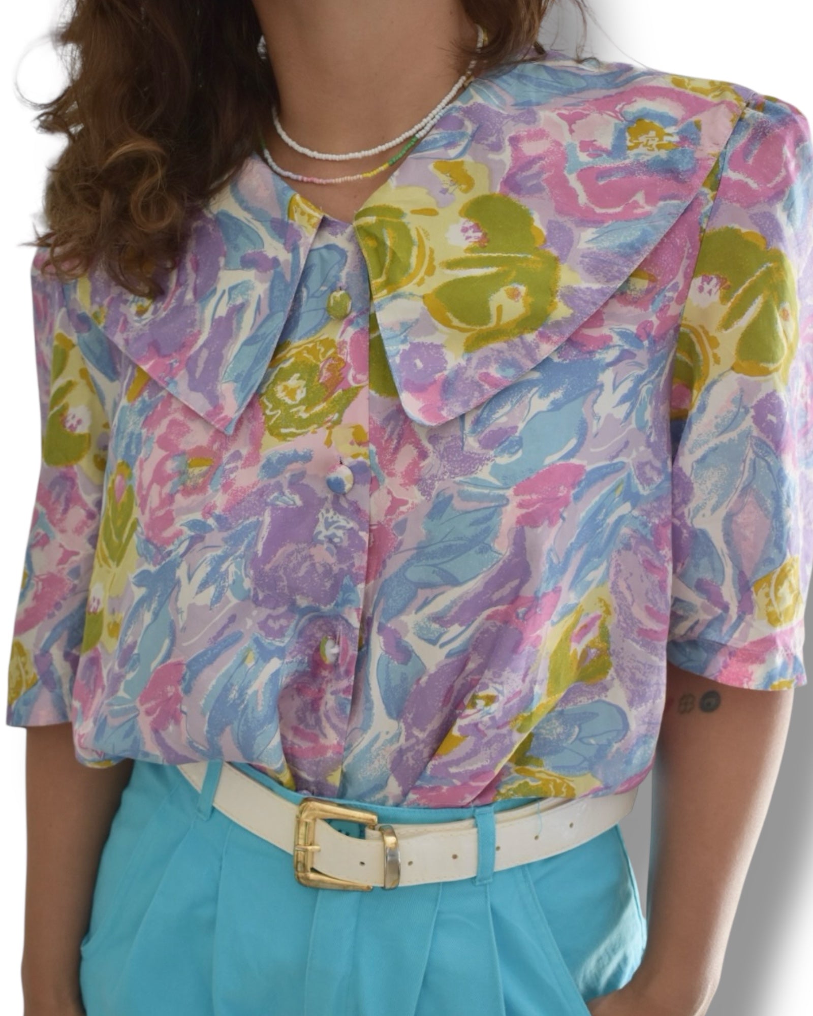 Vintage 1980s Silk Floral Blouse with Oversized Collar