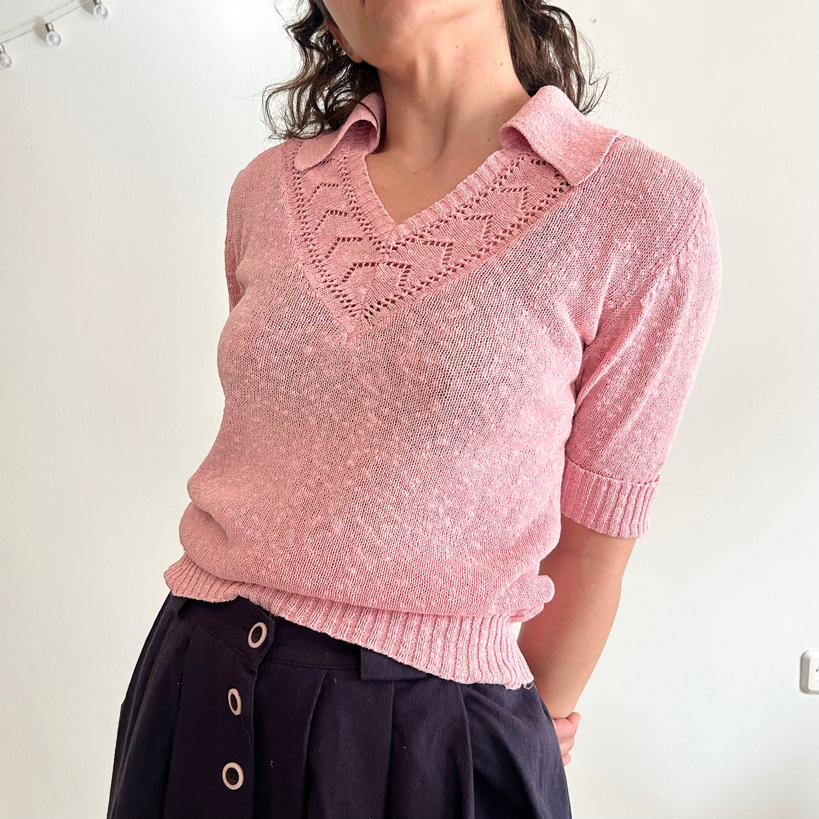 Vintage Romantic Pointelle Knit – Dusty Pink Polo Sweater