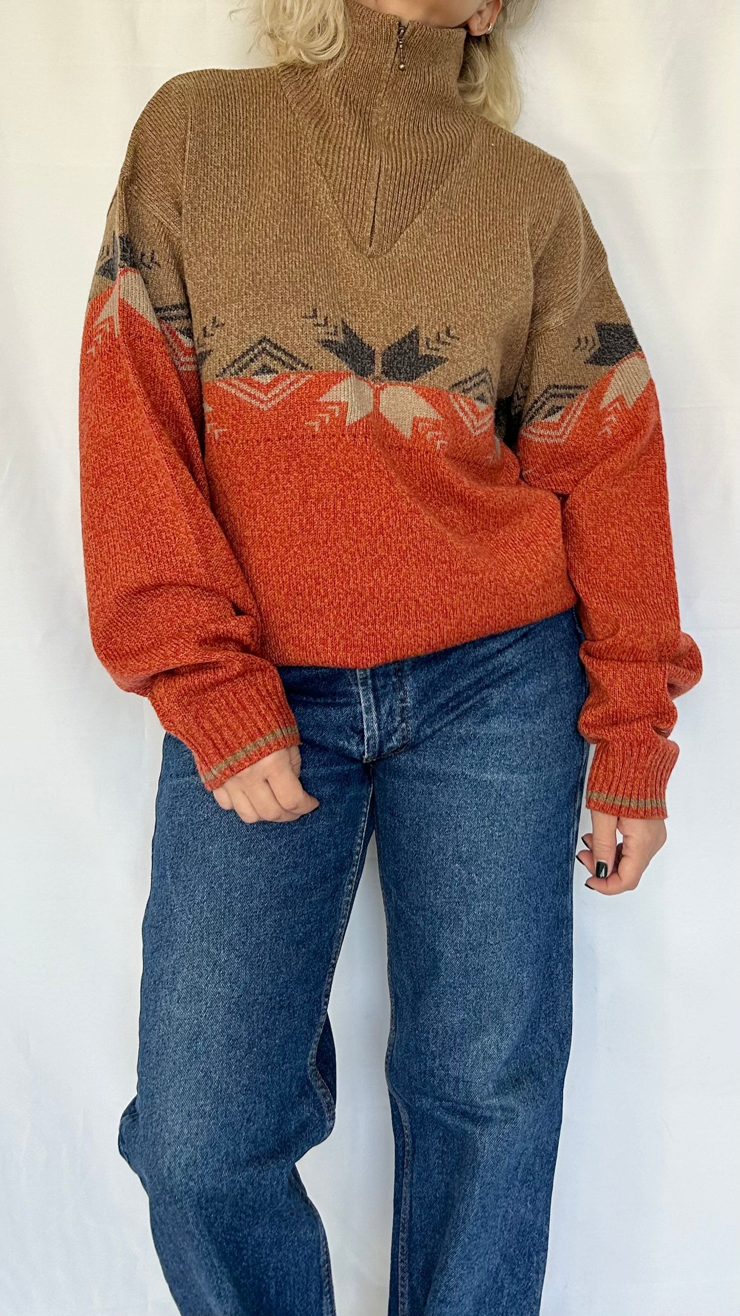 Vintage Patterned Zip Sweater