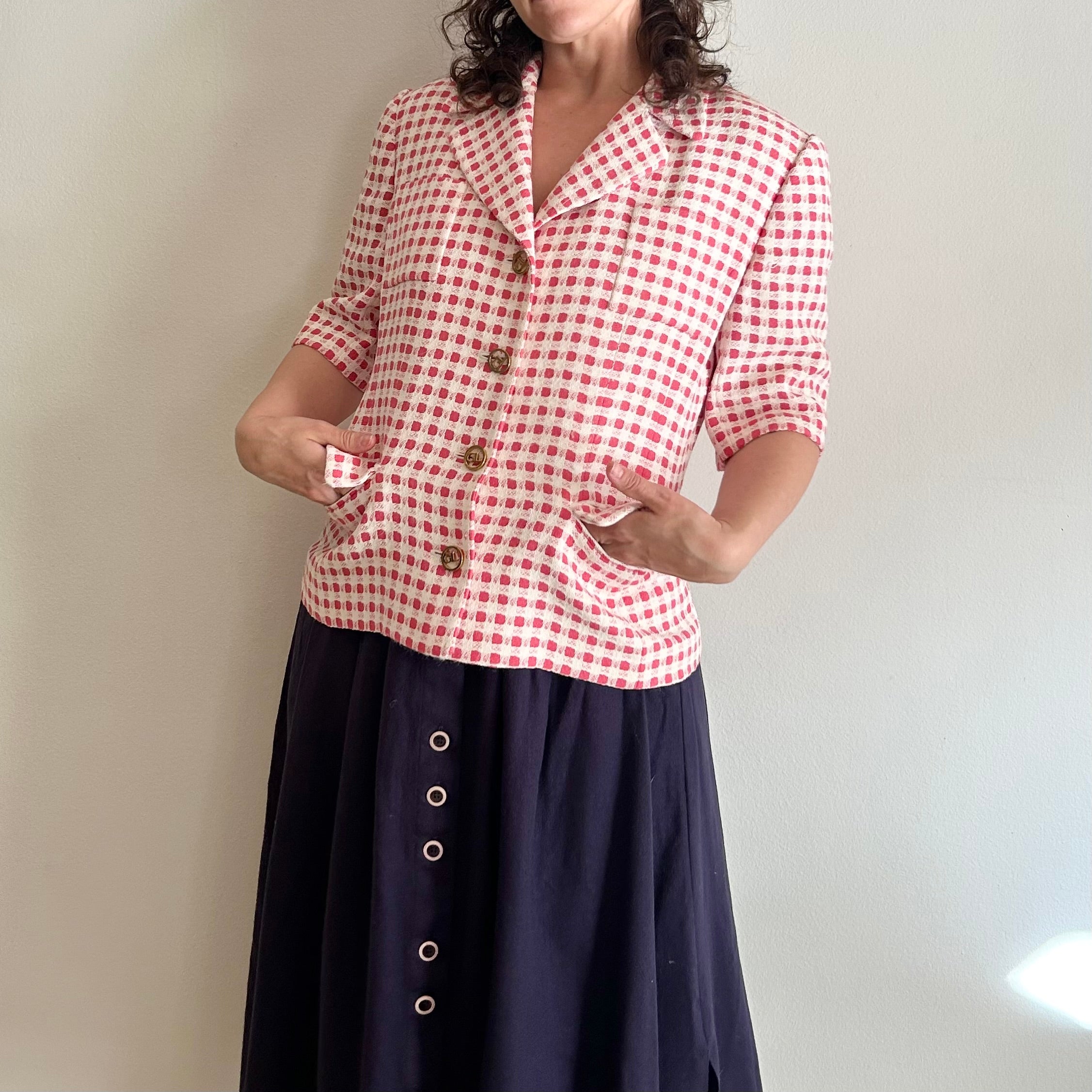 Guy Laroche Paris – Vintage Textured Gingham Short-Sleeve Blazer