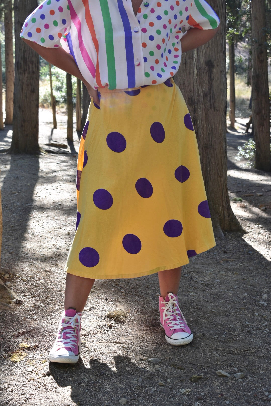 Vintage Yellow Circle Skirt with Purple Polka Dots – 90s