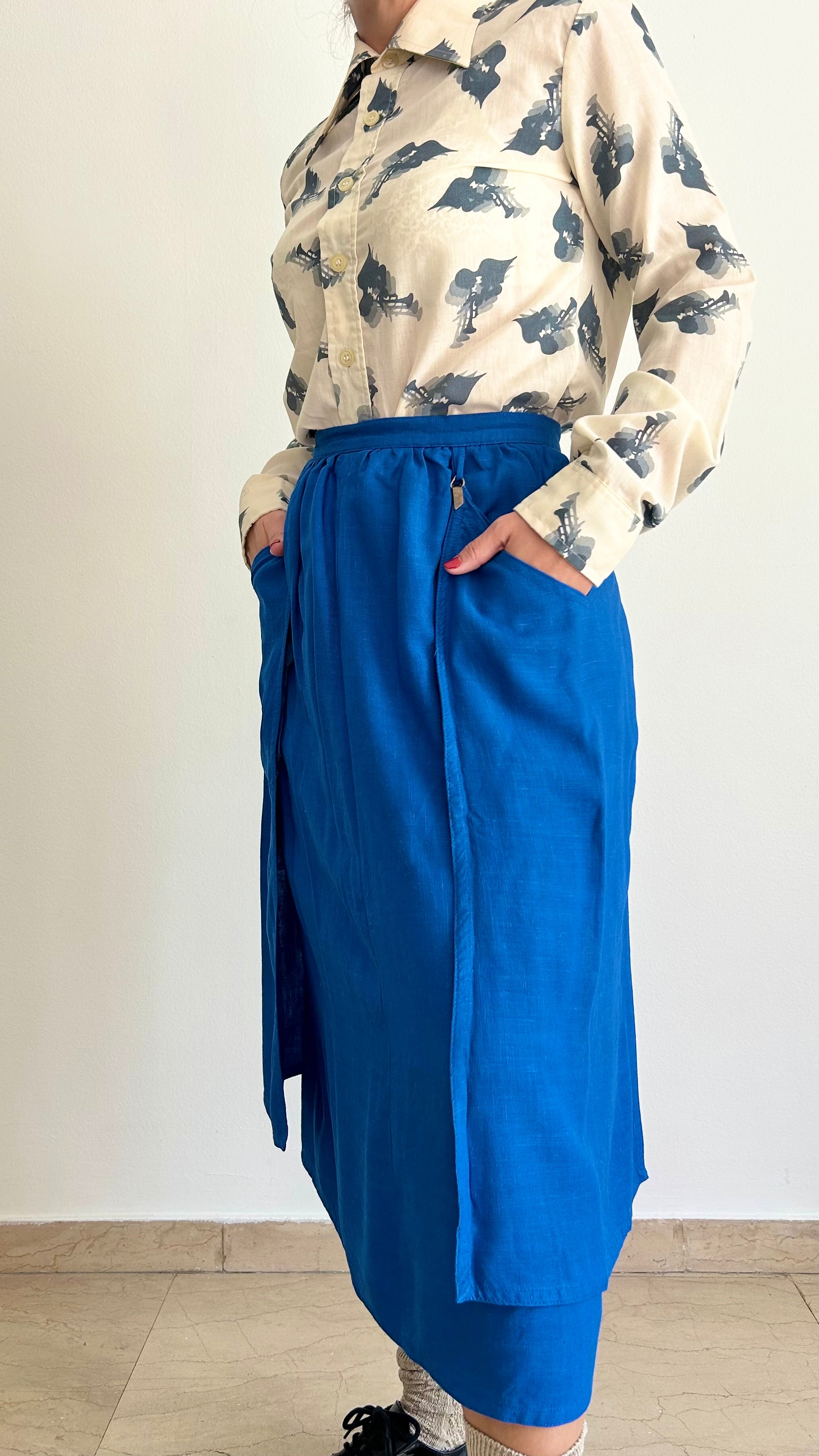 Vintage 1970s Royal Blue Linen Midi Skirt