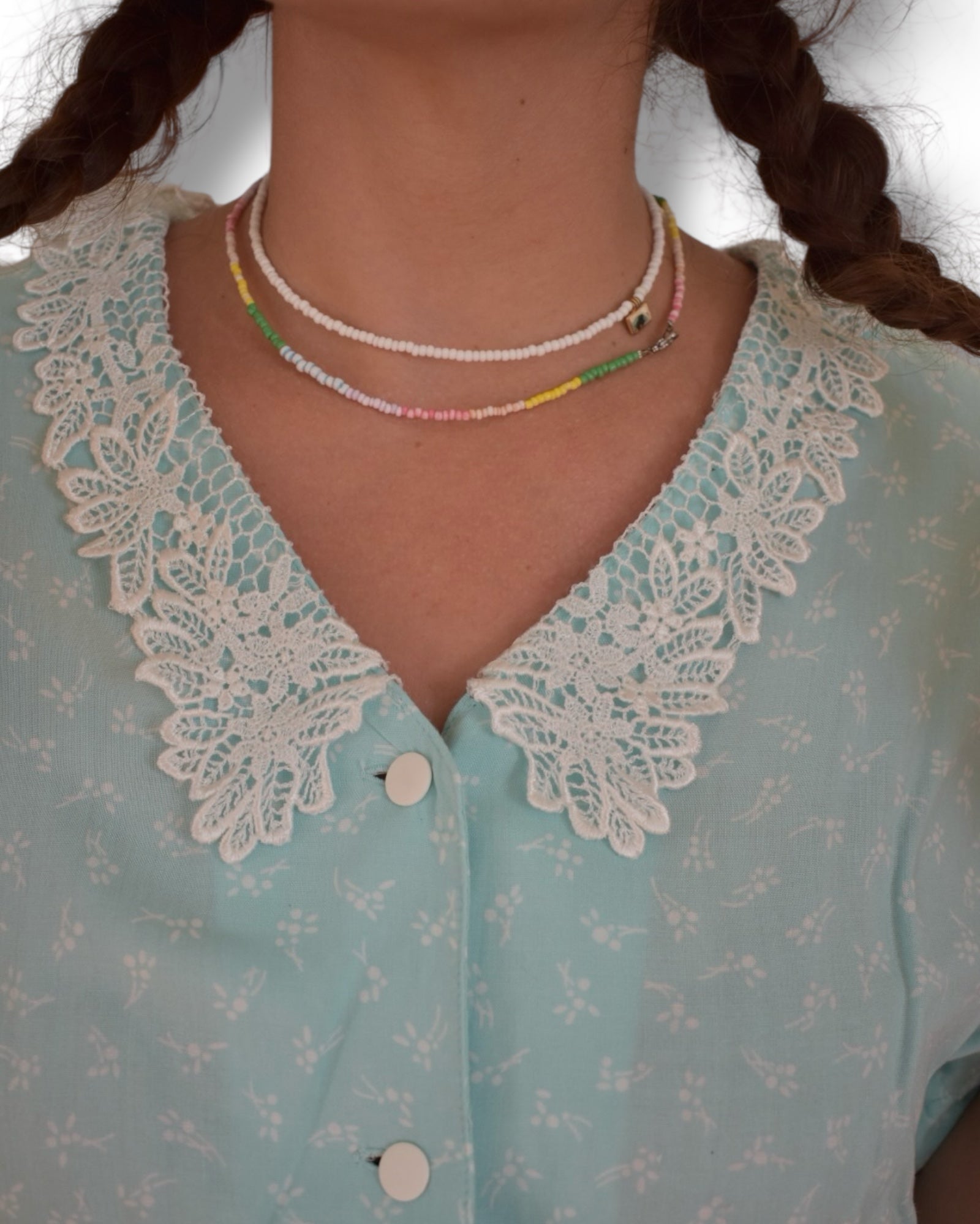 Vintage Aqua Green Viscose Jumpsuit with Lace Collar and Tiny White Floral Print