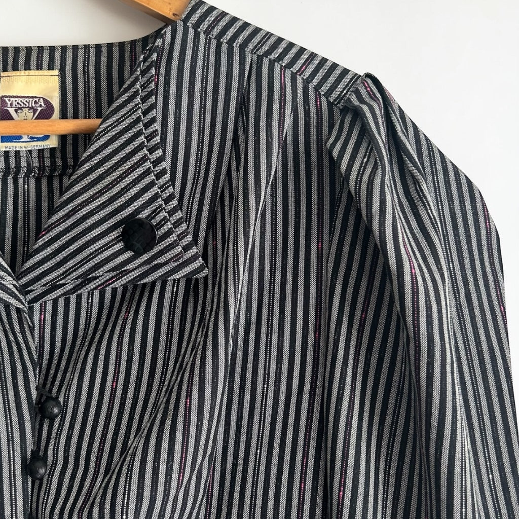 Vintage 80s Striped Peplum Blouse • Puff Sleeves • Metallic Sparkle