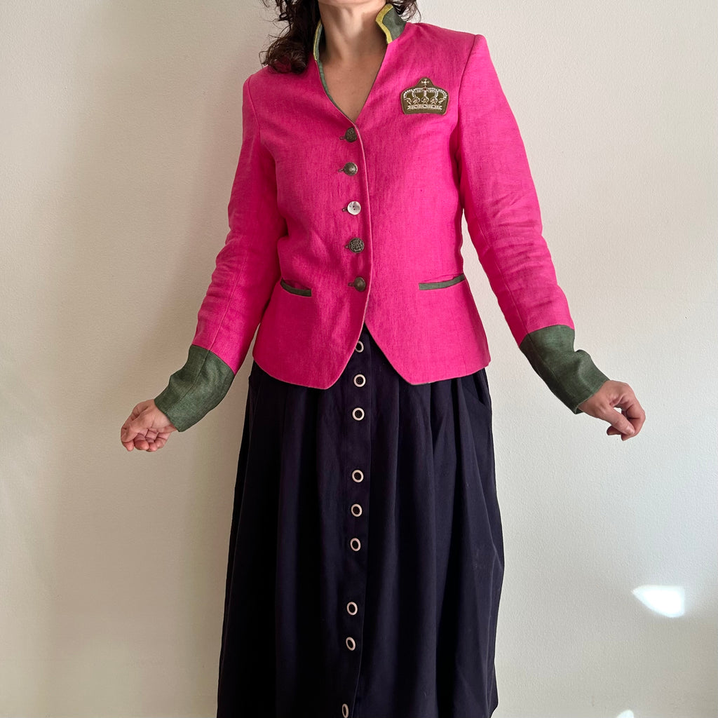 Heritage Trachten Statement Blazer – Fuchsia Linen & Olive Contrast