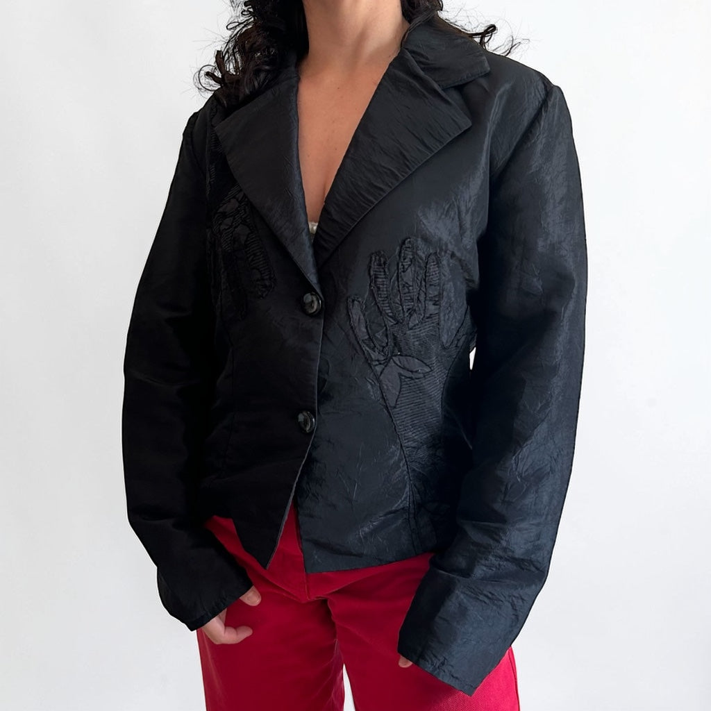 90s Structured Black Jacket • Unique Artistic Hand Details