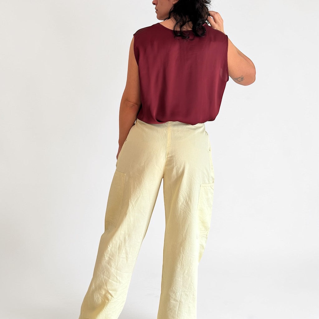 90s Butter Yellow Pleated Utility Cargo Trousers • Wide Leg