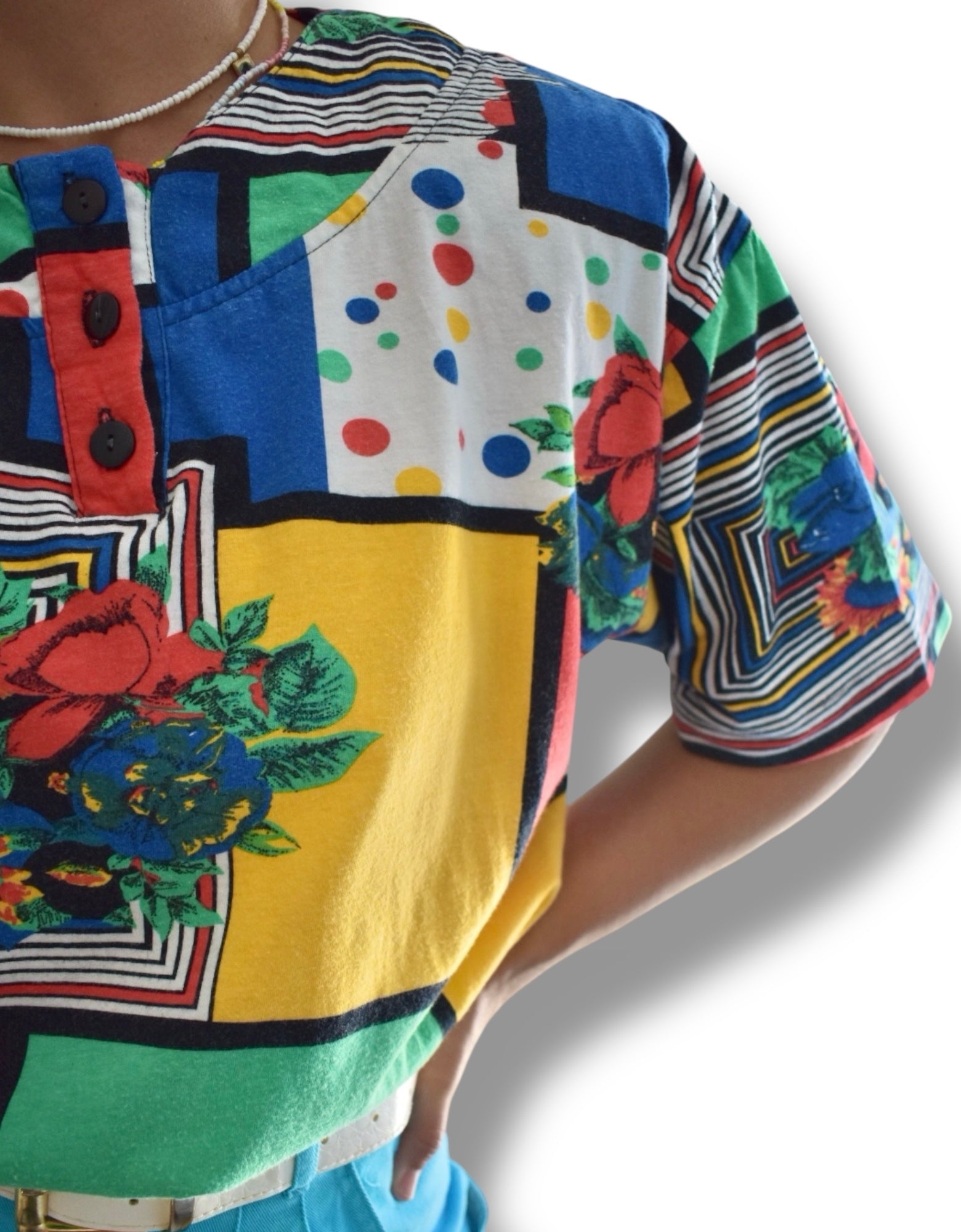 Vintage T-Shirt – Color Block & Pattern Mix with Shoulder Pads