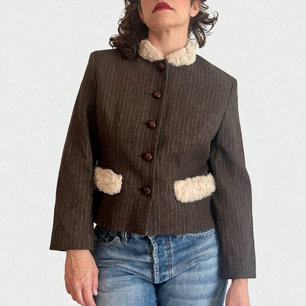 90s Wool Blend Pinstripe Jacket - Faux-Fur Accents