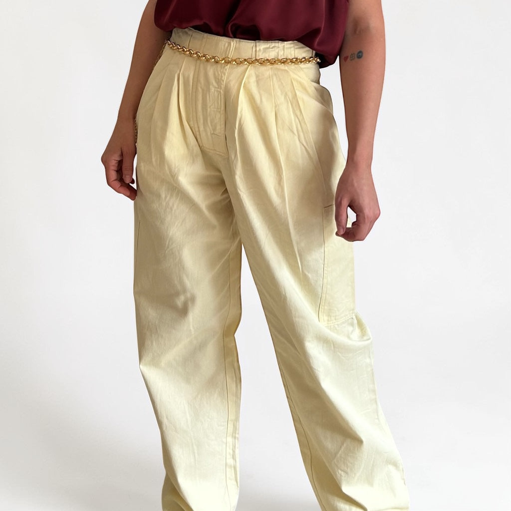 90s Butter Yellow Pleated Utility Cargo Trousers • Wide Leg