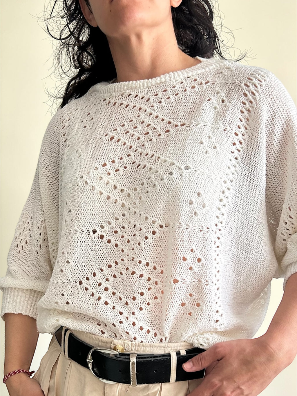 Vintage Batwing Pointelle Knit Sweater