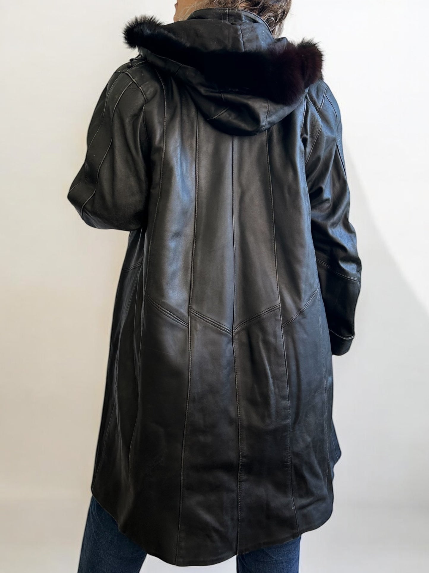 Vintage Leather Hooded Coat (Removable Hood and Warmer)