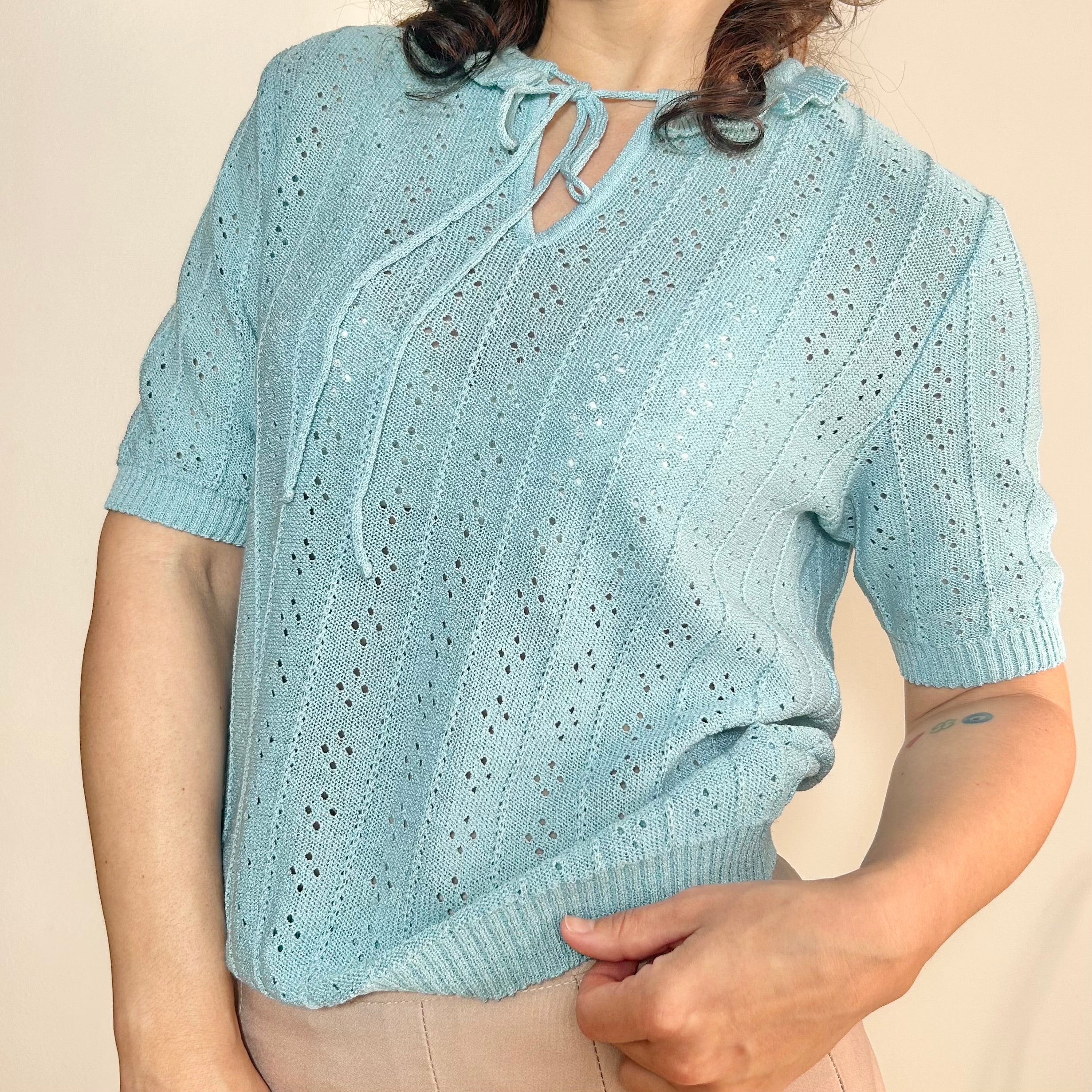 Vintage Blue Pointelle Knit Top