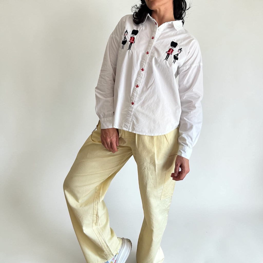 Whimsical Embroidered White Shirt • London Guard & Character Motifs