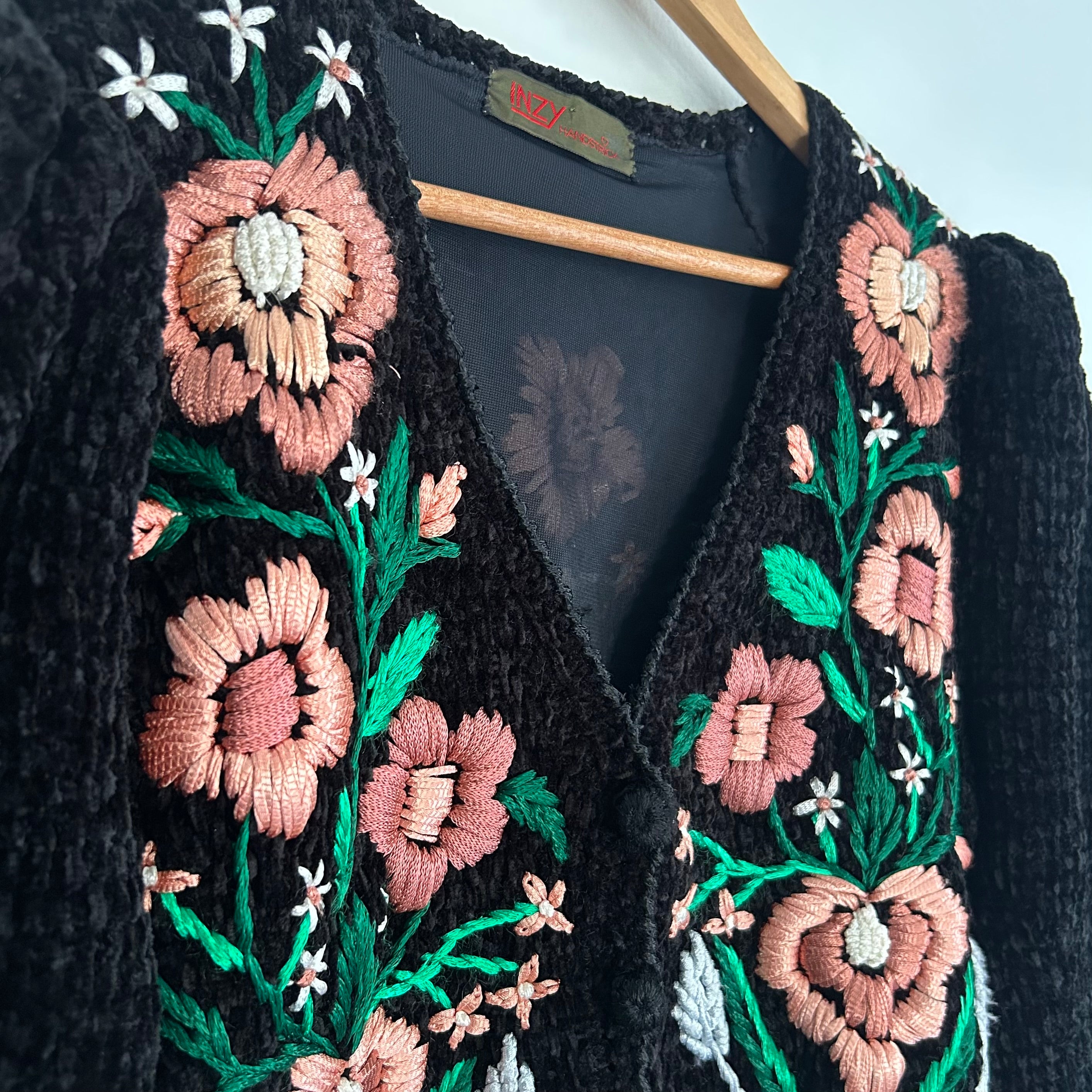 Handmade Black Chenille Floral Cardigan