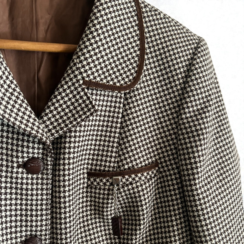 Vintage Houndstooth Virgin Wool Blend Blazer - Brown & Cream