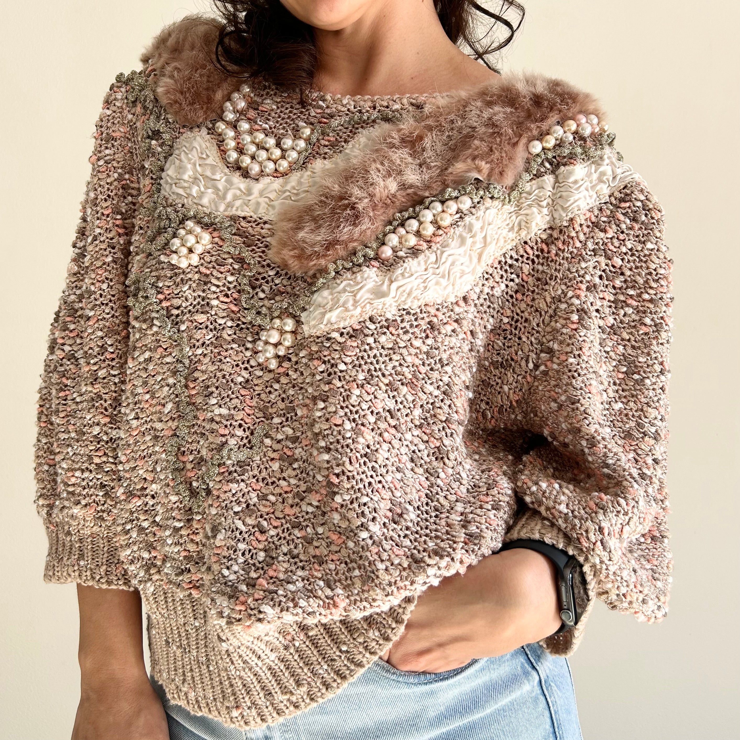 Handmade Pearl & Faux-Fur Details Sweater