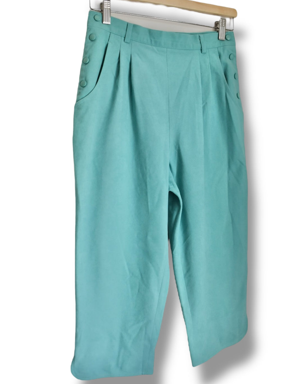 70s Aqua Green High Waisted Capri Pants – Side Button Closure