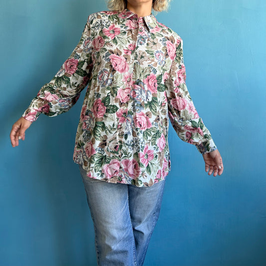 Vintage Floral Long Sleeve Shirt with Shoulder Pads