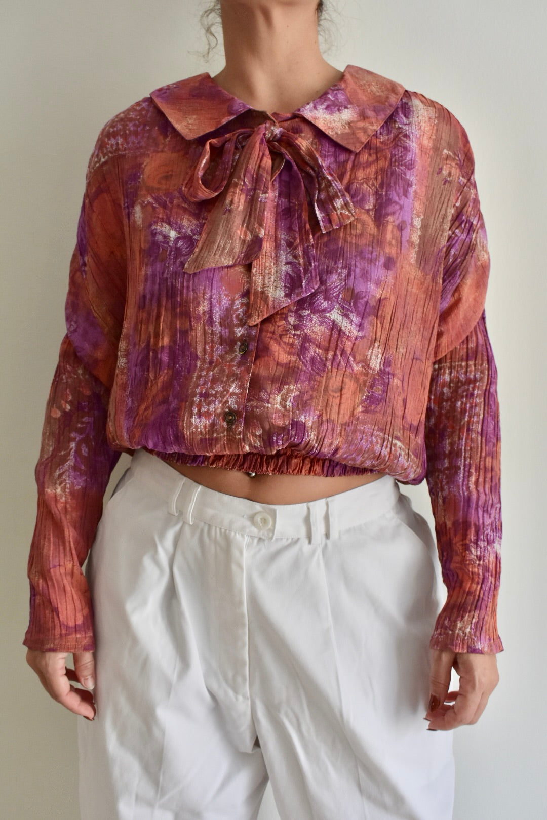 Vintage Women’s Long-Sleeve Blouse in Earthy and Purple Tones