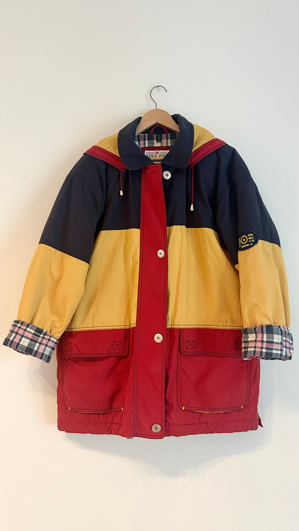 1980s Padded Hooded Jacket – Red, Yellow & Navy – Color Block Coat