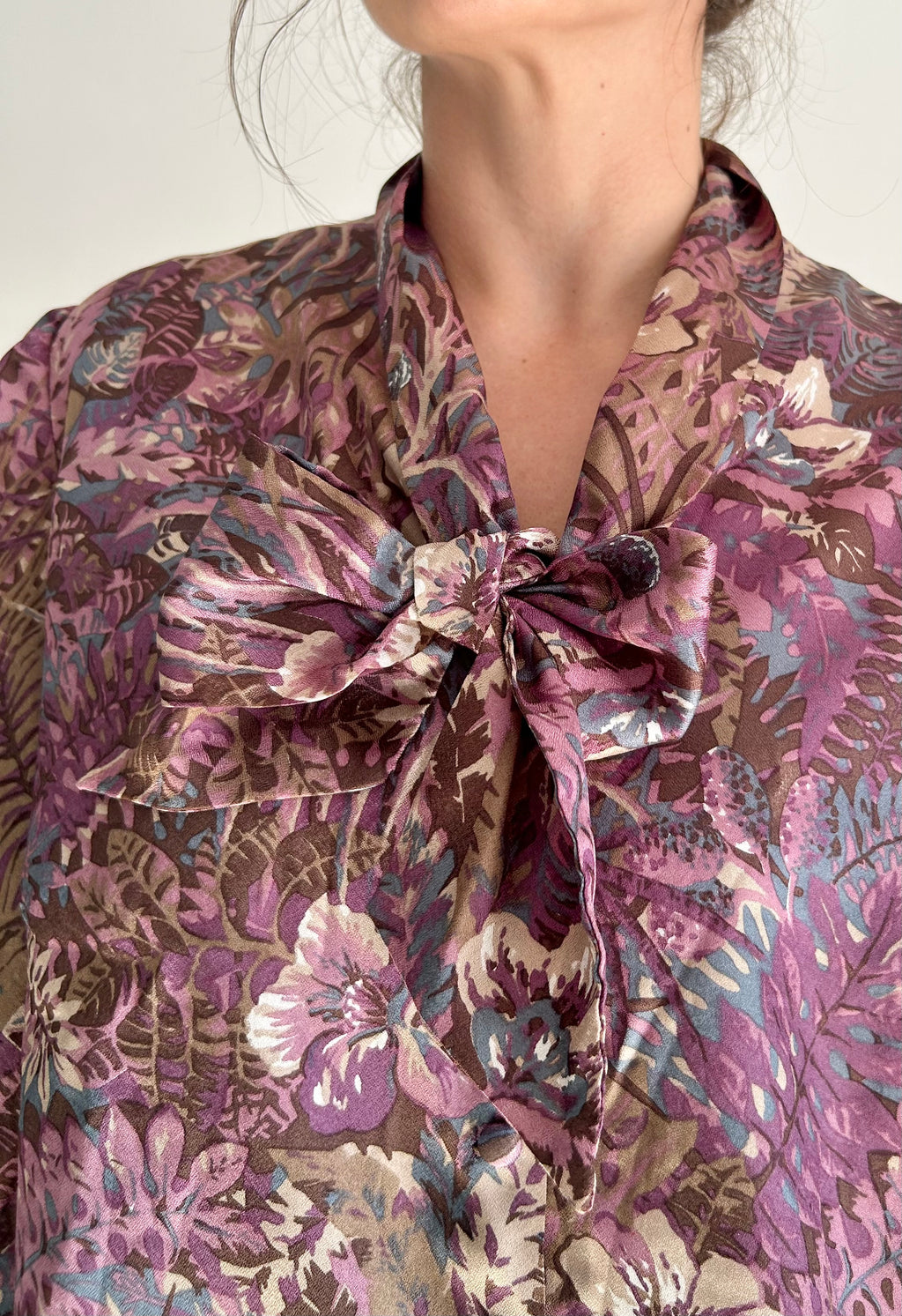 Handmade Long-Sleeve Double-Button Blouse with Neck Tie – Dark Purple Floral