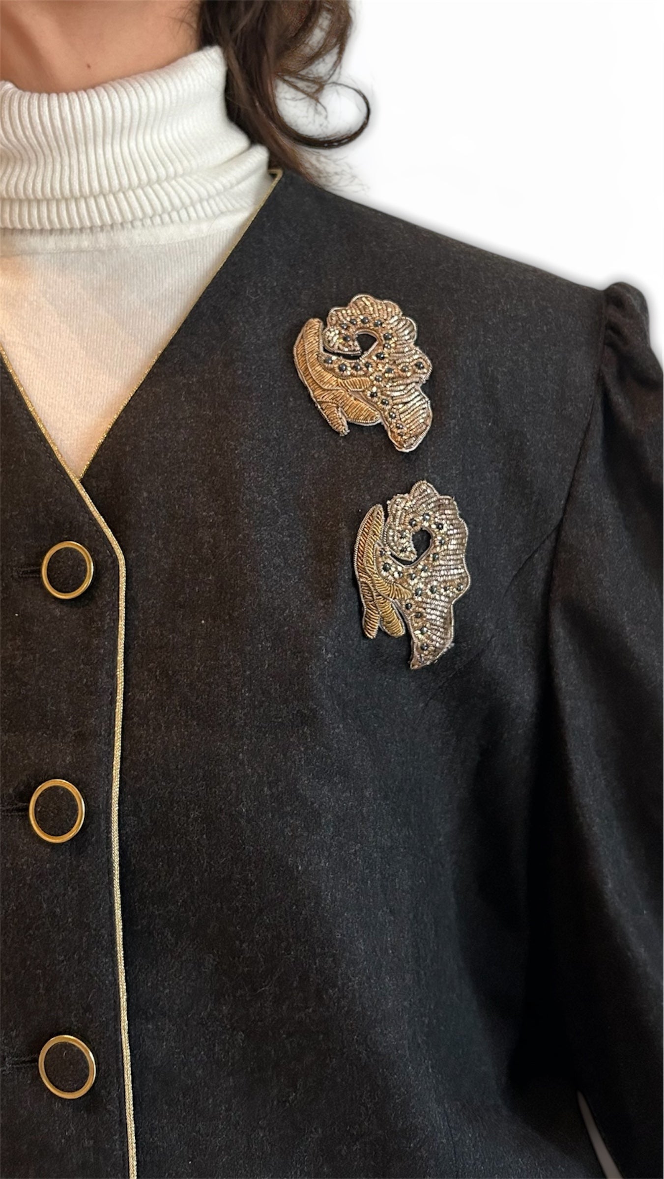 Vintage Dark Grey Blazer – Gold Trim & Beaded Detail