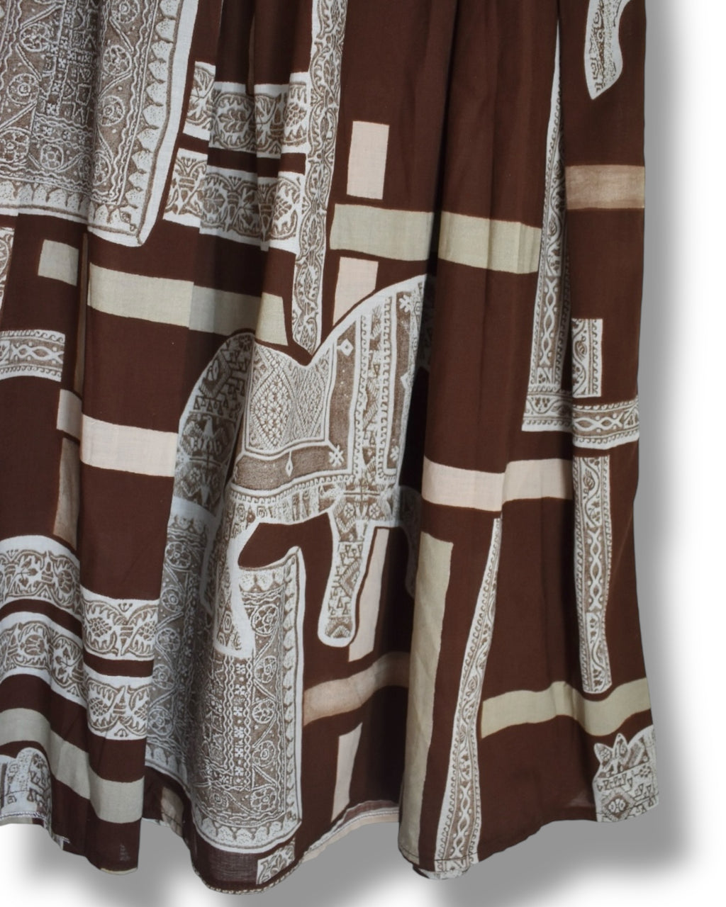 80s/90s Boho Midi Skirt – Brown Geometric & Horse Print