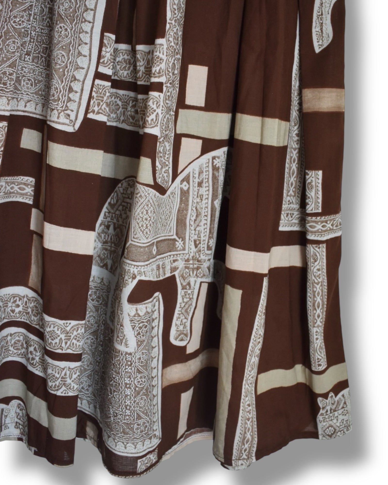 80s/90s Boho Midi Skirt – Brown Geometric & Horse Print