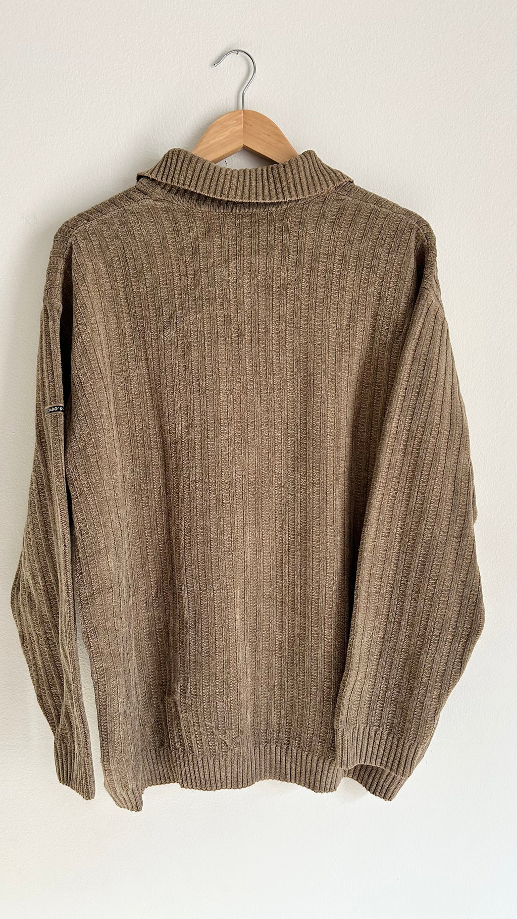 Vintage Brown Ribbed Knit Sweater – Polo Collar & Chest Zipper