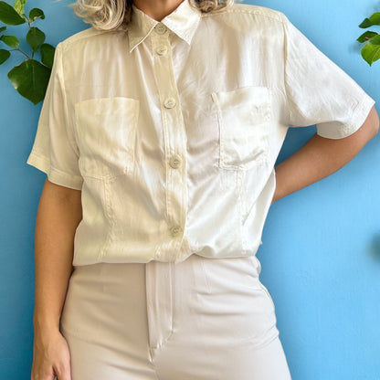 Vintage Silk Cream Shirt with Shoulder Pads