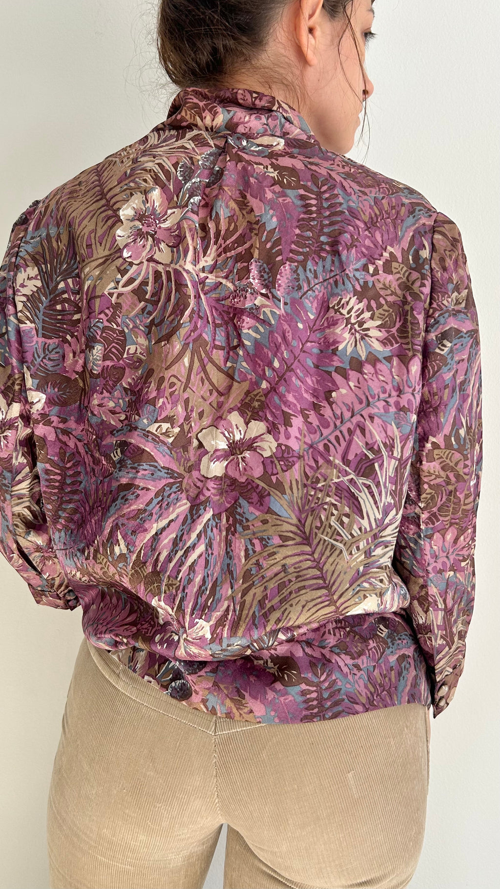 Handmade Long-Sleeve Double-Button Blouse with Neck Tie – Dark Purple Floral