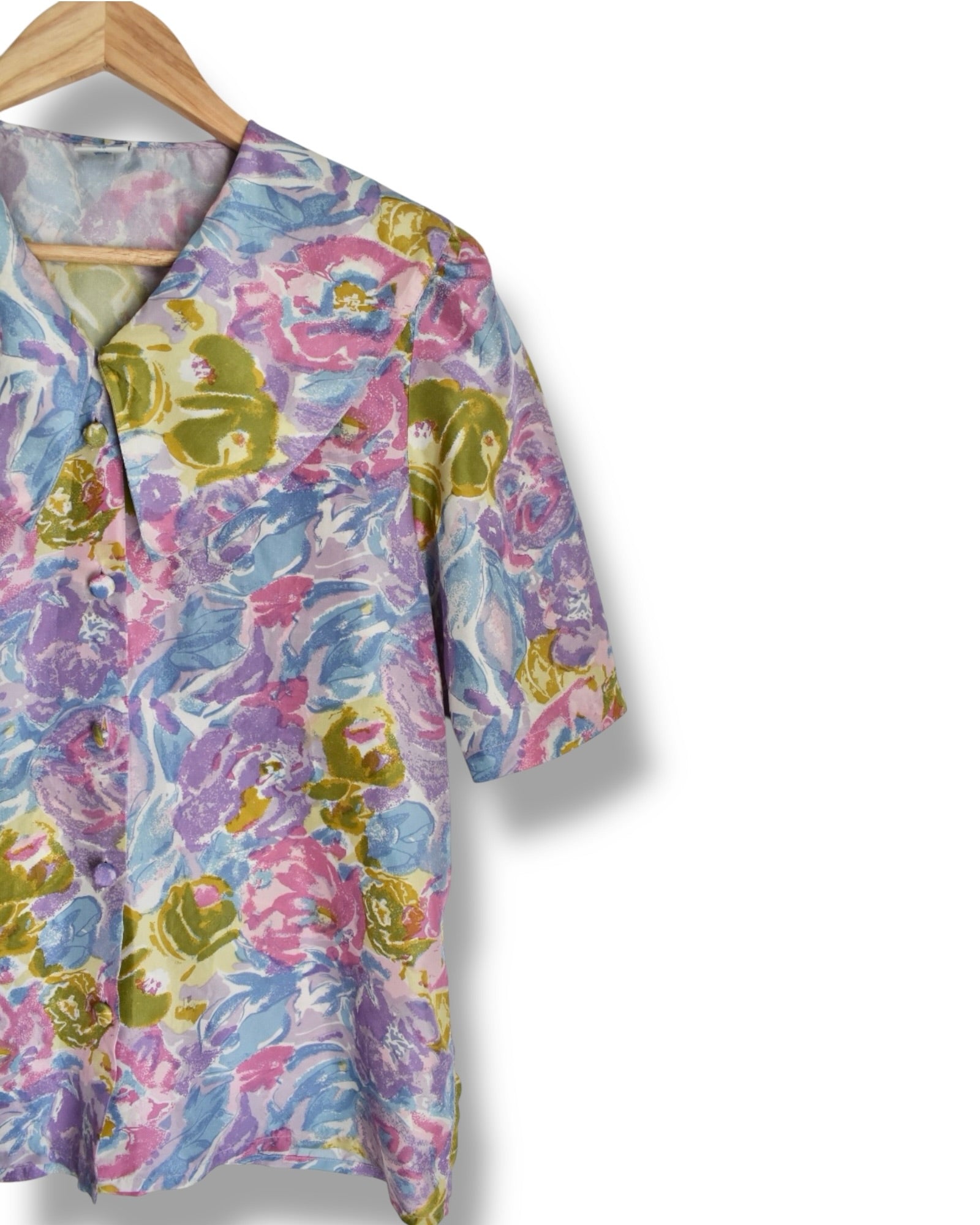Vintage 1980s Silk Floral Blouse with Oversized Collar