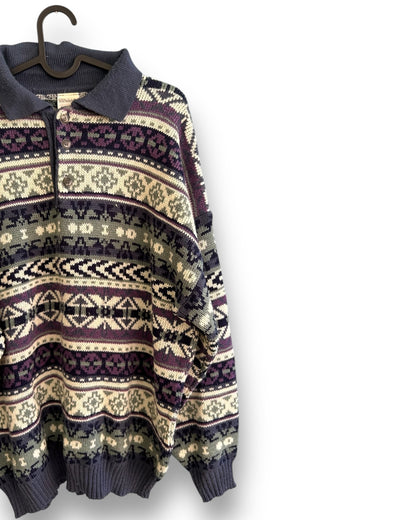 Vintage Patterned Polo Sweater