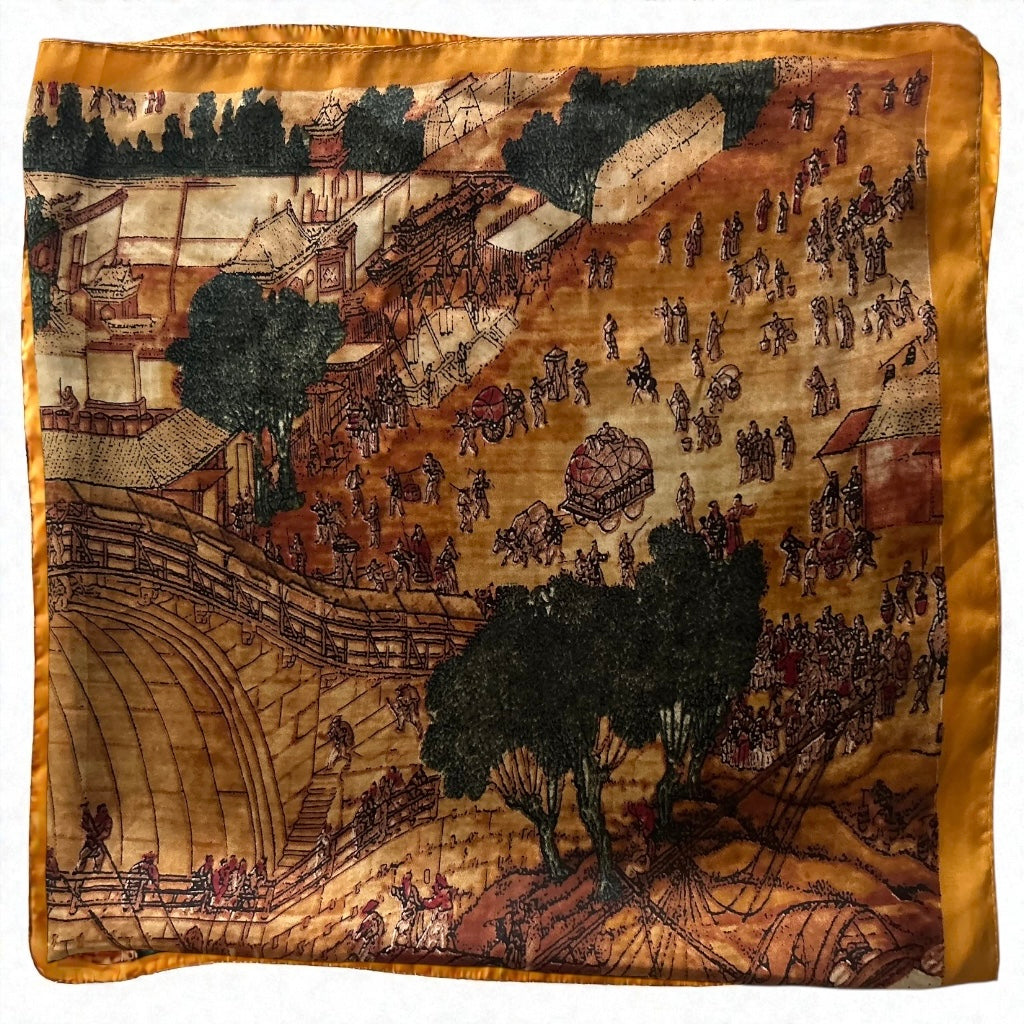 Vintage Silk Scenic Print Scarf
