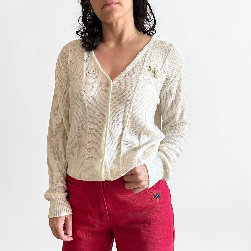 Vintage Italian Knit Cardigan • Delicate Floral Embroidery