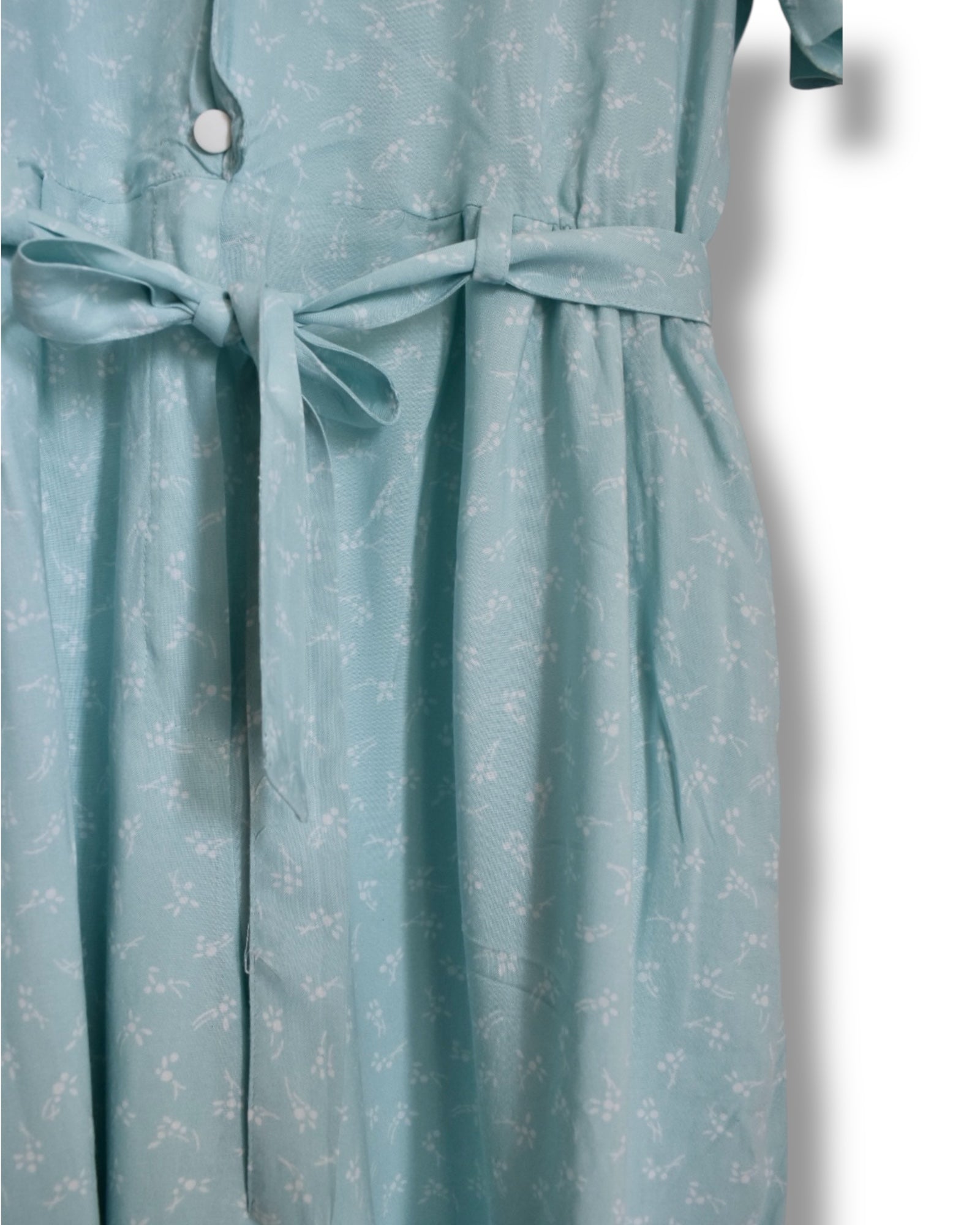 Vintage Aqua Green Viscose Jumpsuit with Lace Collar and Tiny White Floral Print