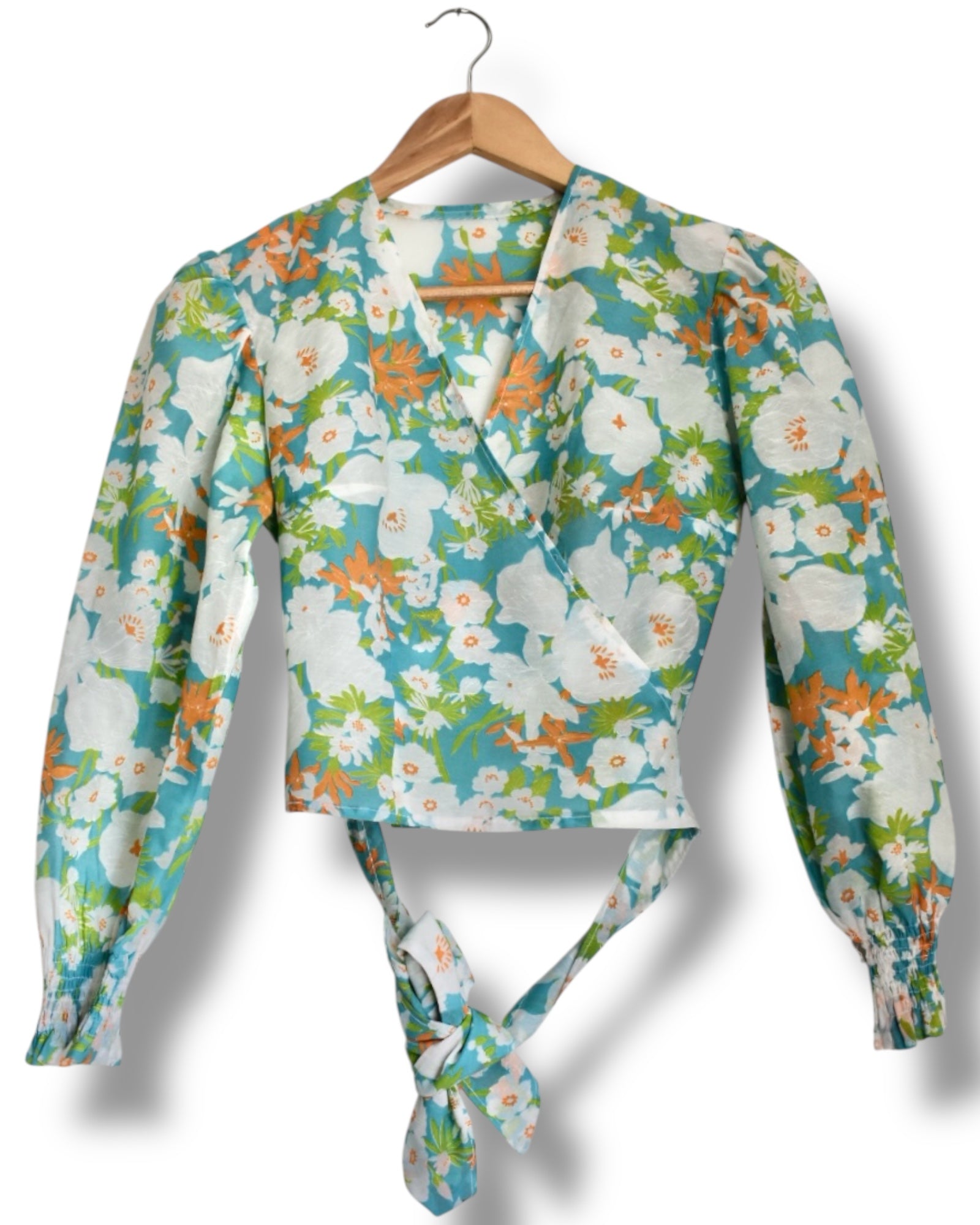 Vintage Handmade Wrap Blouse – Long Sleeve, Floral Print