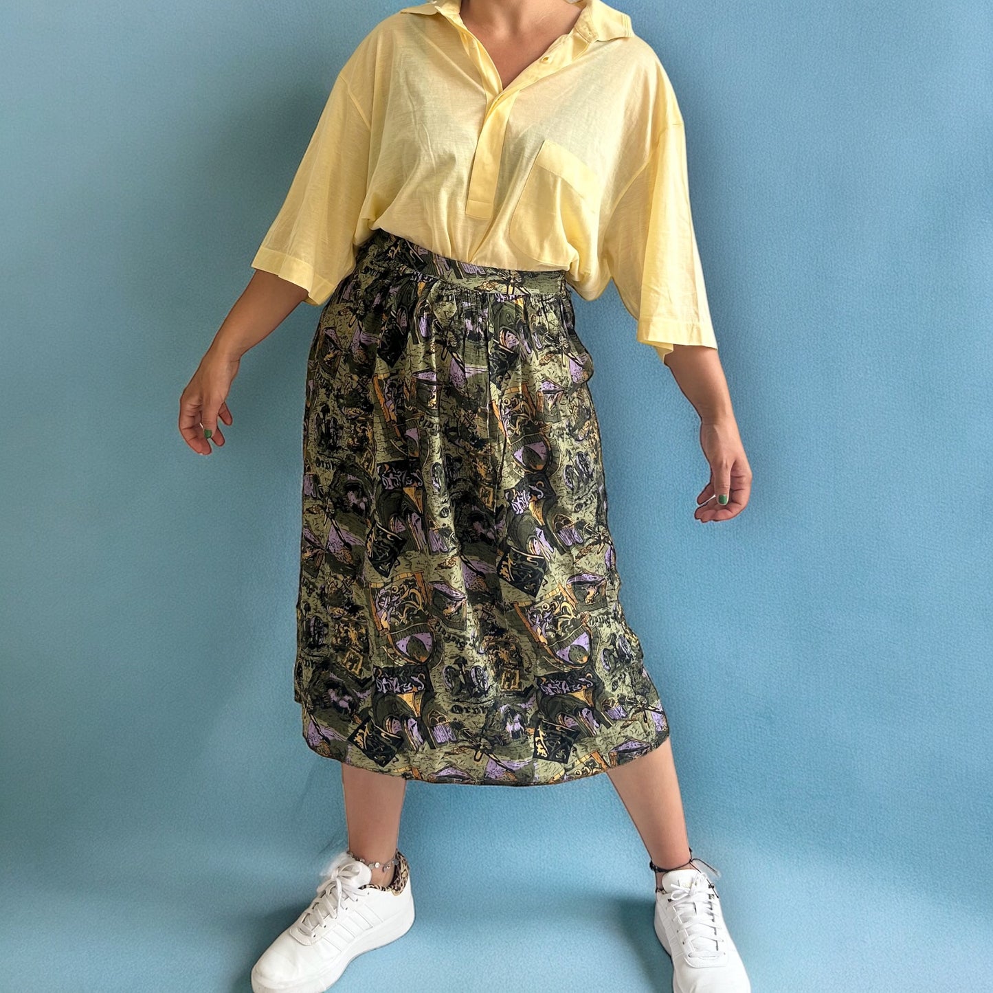 Vintage Patterned Midi Flared Skirt