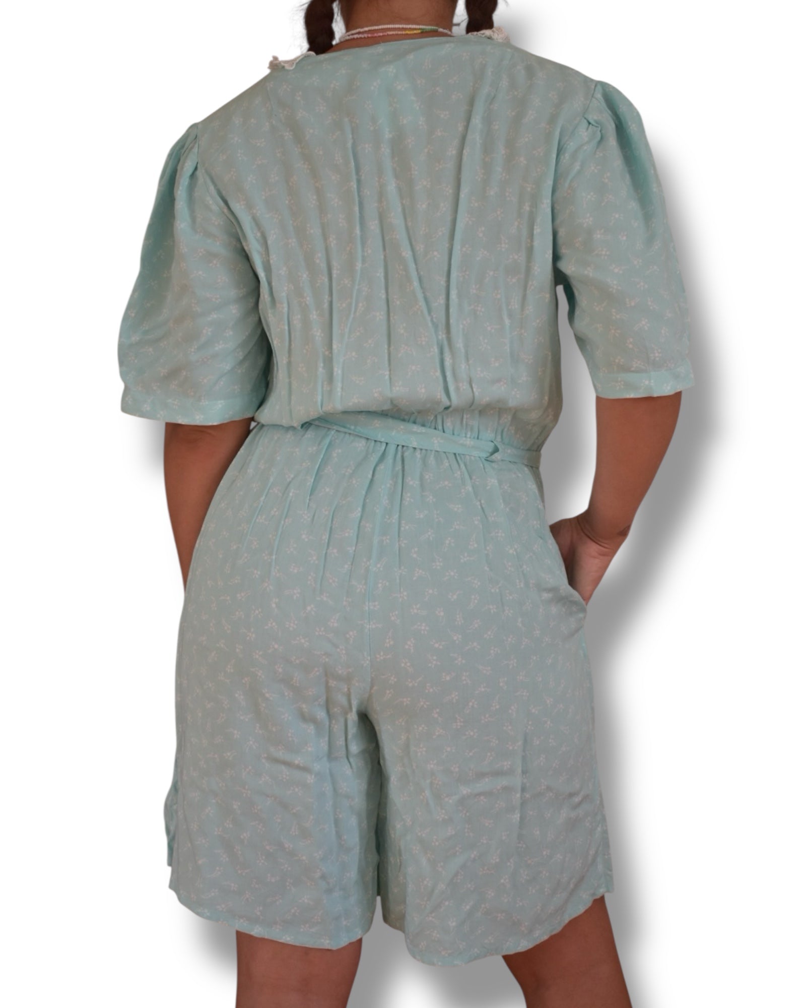 Vintage Aqua Green Viscose Jumpsuit with Lace Collar and Tiny White Floral Print